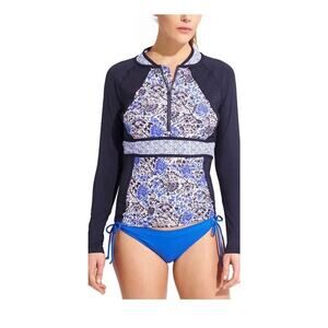 ATHLETA Blue Floral Zip UPF 50+ Indigo Shores Rashguard Women’s Size S